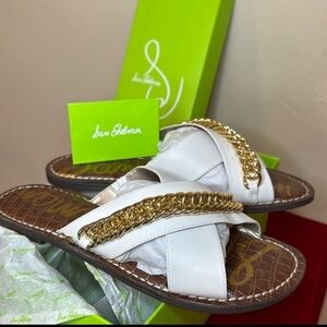 NEW Sam Edelman Leather white crisscross chunky gold chain Sandals Sz 10.5